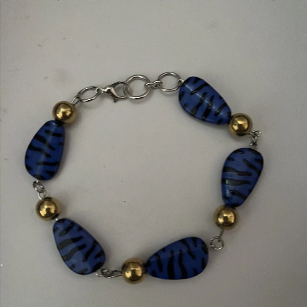 Blue and gold beaded zebra print bracelet handmade